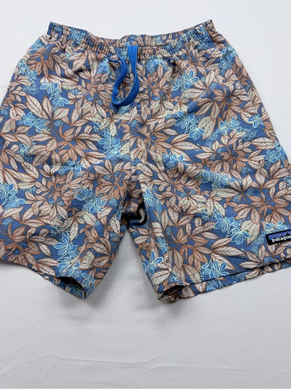 Patagonia Blue and Brown Leaf-Print Swim Trunks